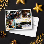 Gold Stars Merry & Bright 7 Photos<br><div class="desc">Carte postale Joyeuse et brillante de Noël avec sept photos, étoiles dorées et texte en feuille d'or. Carte postale de Noël blanche et or avec joyeux & brillant imprimé en feuille d'or avec beaucoup d'étoiles dorées de tailles différentes. Carte postale joyeux et brillante personnalisée avec votre nom de famille, l'année,...</div>