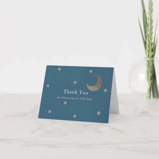 Gold Stars & Moon Blue Baby shower Carte de remerc (Devant)