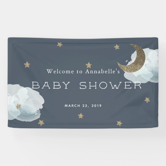 Gold Stars Moon Cloud Navy Blue Baby shower Banner (Horizontaal)