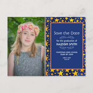 Gold Stars Navy Blue Photo Afstuderen Save Date Briefkaart
