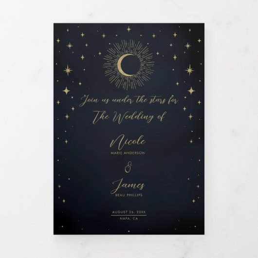 Gold Stars Night Celestial Sunburst Fotobruiloft Drieluik Uitnodiging (Cover)