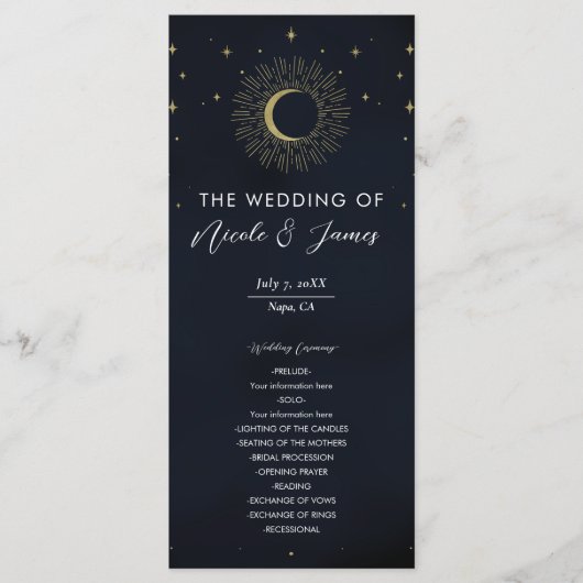 Gold Stars Night Sunburst Moon Wedding Program Menu (Voorkant)