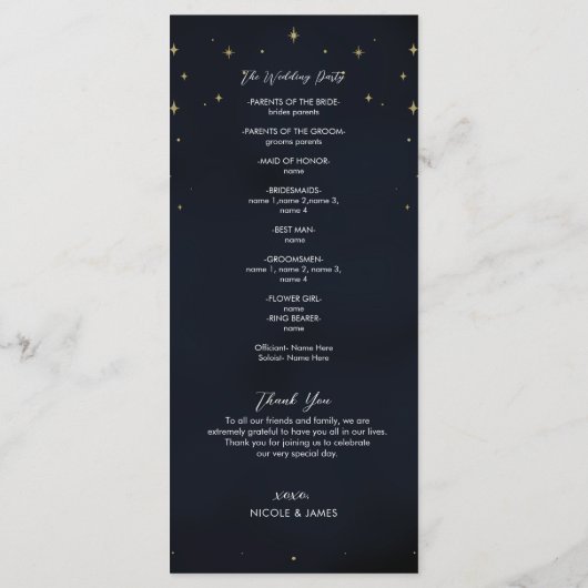 Gold Stars Night Sunburst Moon Wedding Programme (Dos)