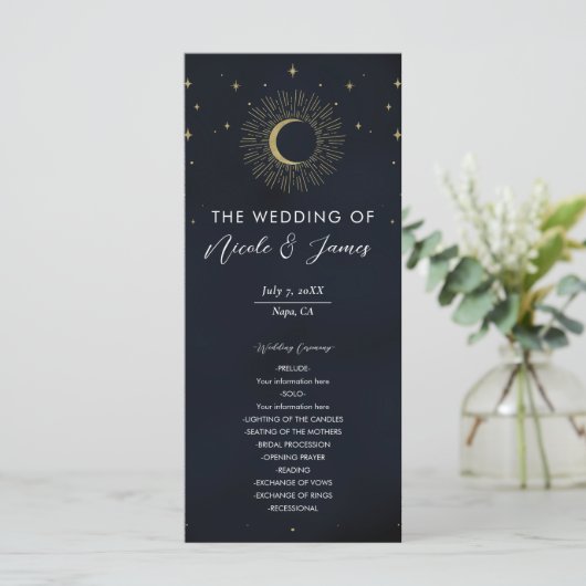 Gold Stars Night Sunburst Moon Wedding Programme (Debout devant)