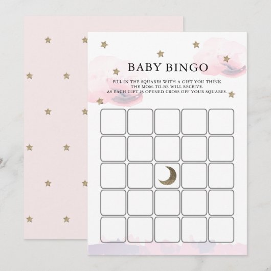 Gold Stars Pink Clouds Baby shower Bingo Carte de  (Devant / Derrière)