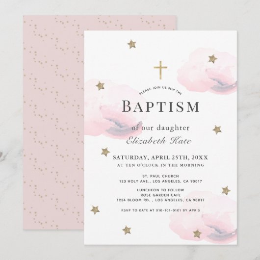 Gold Stars & Roze Clouds Girl Baptisme Kaart (Voorkant / Achterkant)