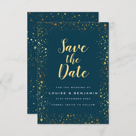 Gold Stars Sparkle Save the Date Card (Voorkant / Achterkant)