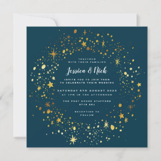 Gold Stars Sparkle Wedding Invitation Kaart