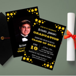 Gold Stars Zwart Afstuderen Invitation Kaart