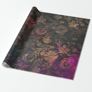 Gold Stencil Flowers op Paars en zwart Cadeaupapier