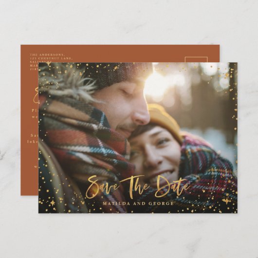 Gold sterren script foto moderne bruiloft aankondigingskaart (Voorkant / Achterkant)