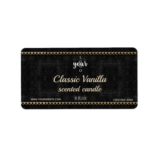 Gold Stitched Black Damask Scented-kaarslabel Etiket (Voorkant)