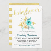 Gold Stripe Blauwgroen Floral Baby shower Invitati Kaart (Voorkant / Achterkant)