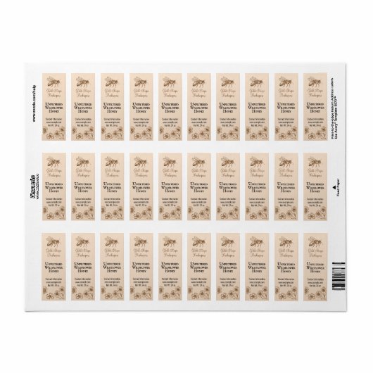 "Gold Stripe Honeybee Floral Small Honey Jar" Etiket (Full Sheet)
