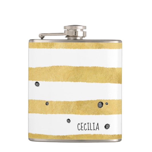 Gold Stripes & Black Stippen Monogram Patroonkolf Heupfles (Voorkant)