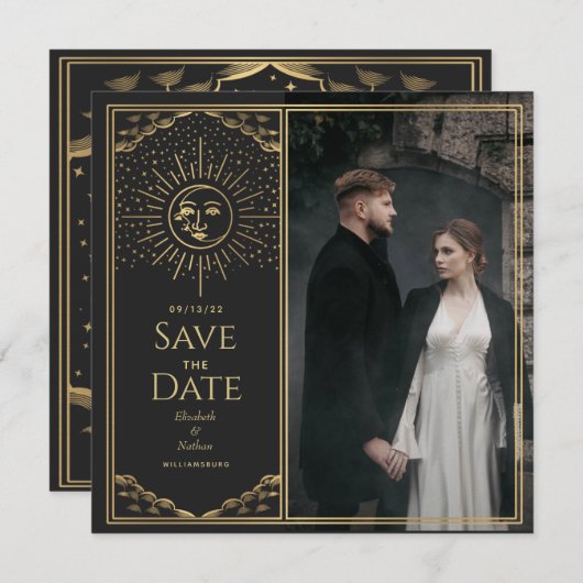 Gold Sun en Moon Tarot Card Foto opslaan Datum Kaart (Voorkant / Achterkant)