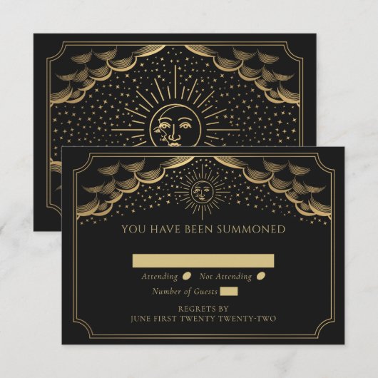 Gold Sun en Moon Tarot Card Wedding RSVP Informatiekaartje (Voorkant / Achterkant)