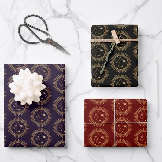 Gold Sun & Moon Faces Celestial Pattern Trio Inpakpapier Vel (Voorkant)