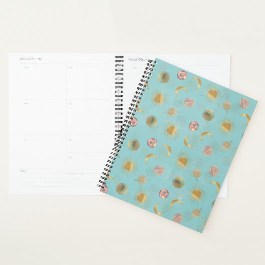 Gold Sun Moon Planets Space Blue-illustratie Planner (Display)