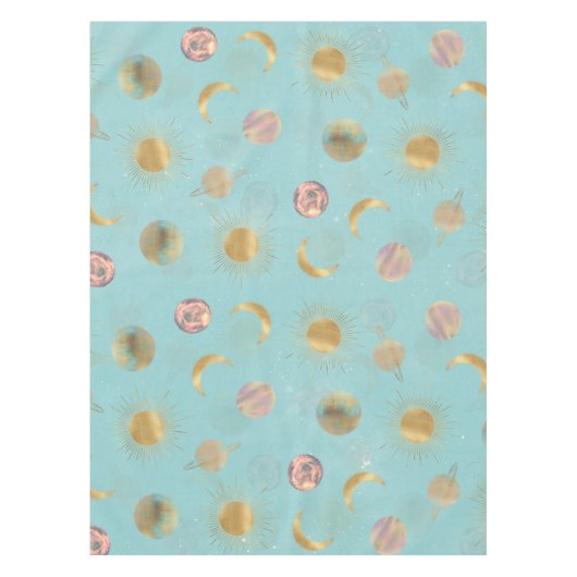 Gold Sun Moon Planets Space Blue-illustratie Tafelkleed (Voorkant)