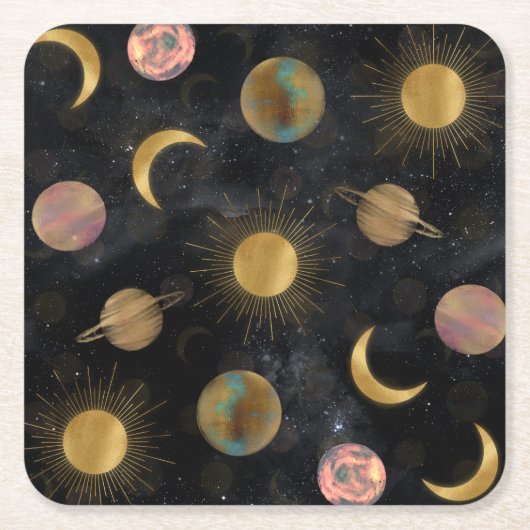 Gold Sun Moon Planets Space-illustratie Vierkante Kartonnen Onderzetter (Voorkant)