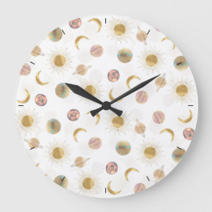 Gold Sun Moon Planets Space White - afbeelding Grote Klok