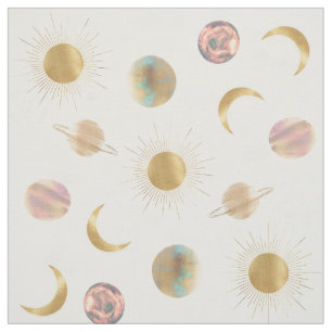 Gold Sun Moon Planets Space White - afbeelding Stof