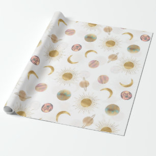Gold Sun Moon Planets Space White illustratie Cadeaupapier
