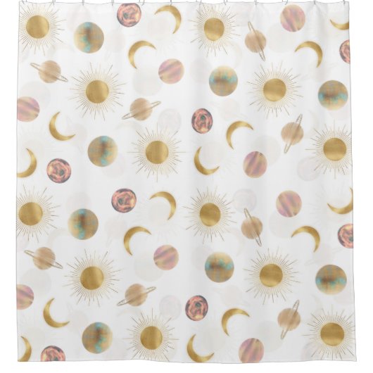 Gold Sun Moon Planets Space White illustratie Douchegordijn (Voorkant)