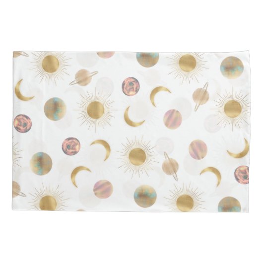 Gold Sun Moon Planets Space White illustratie Kussensloop (Achterkant-Links)