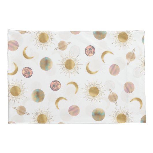 Gold Sun Moon Planets Space White illustratie Kussensloop (Achterkant-Rechts)