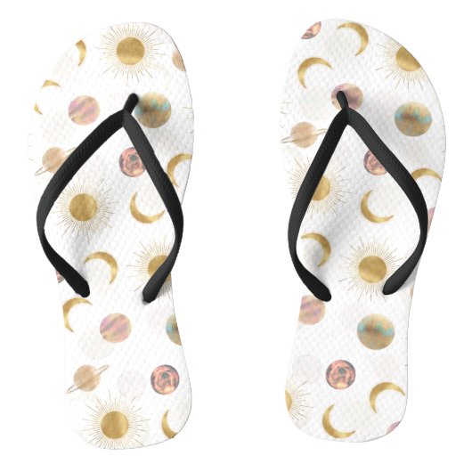 Gold Sun Moon Planets Space White illustratie Teenslippers (Voetbed)