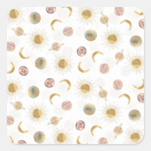 Gold Sun Moon Planets Space White illustratie Vierkante Sticker