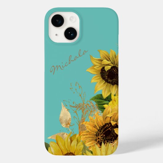 Gold Sunflower Bouquet op Sky Blue Case-Mate iPhone Case (Achterkant)