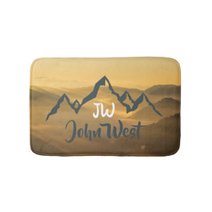 Gold sunrise personalizable mountains monogram badmat