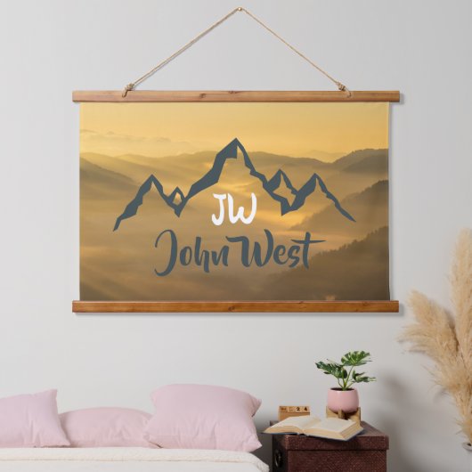 Gold sunrise personalizable mountains monogram hangend wandkleed (Slaapkamer)