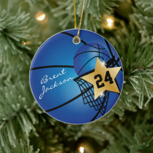 Gold Superstar Basketball DIY-tekst Donkerblau Keramisch Ornament