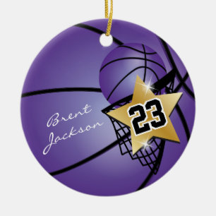 Gold Superstar Basketball DIY-tekst Paarse Keramisch Ornament