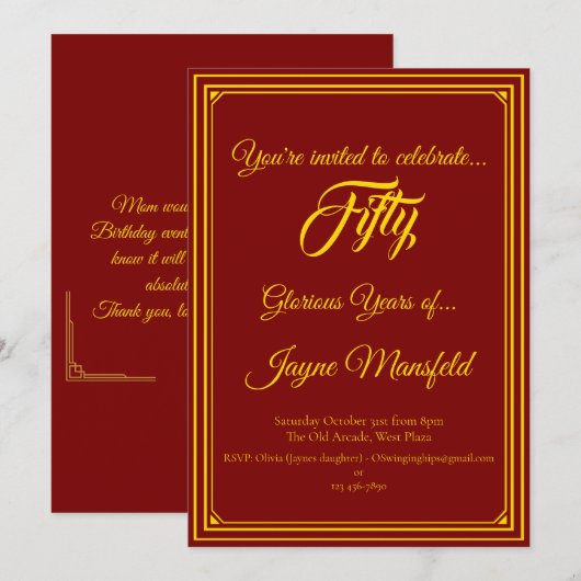 Gold sur Deep Red Anniversaire Fête Invitation (Devant / Derrière)