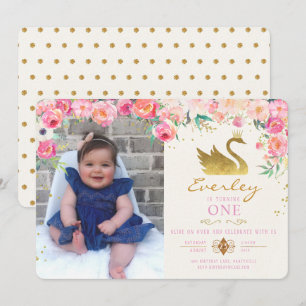 Gold Swan Princess Roze Bloemen Verjaardag Uitnodi Kaart