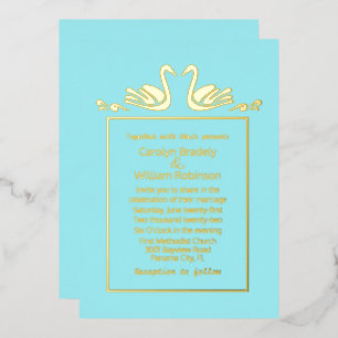 Gold Swans Aqua Wedding Folie Uitnodiging