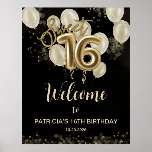 Gold Sweet 16 Ballons Anniversaires Affiche de bie (Devant)
