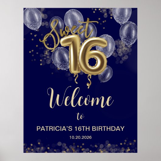 Gold Sweet 16 Ballons Royal Blue Affiche de bienve (Devant)