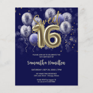 Gold Sweet 16 Bday Balloons Blue Budge Invitation