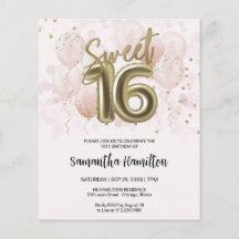 Gold Sweet 16 Bday Balloons Pink Budge Uitnodiging