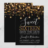 Gold Sweet 16 Sparkly String Lights Opslagdatum Save The Date (Voorkant / Achterkant)