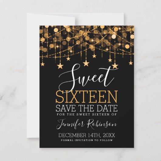 Gold Sweet 16 Sparkly String Lights Opslagdatum Save The Date (Voorkant)