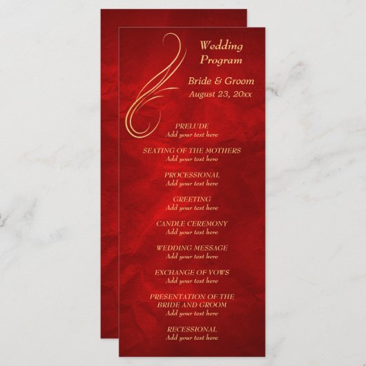 Gold Swirl Bright Red Wedding Programme (Devant / Derrière)