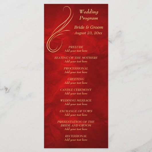 Gold Swirl Helder Rood Wedding Programma (Voorkant)