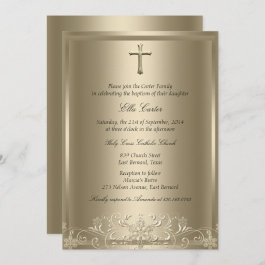 Gold Swirl Snowflake & Cross Girl Baptism Invite Kaart (Voorkant / Achterkant)